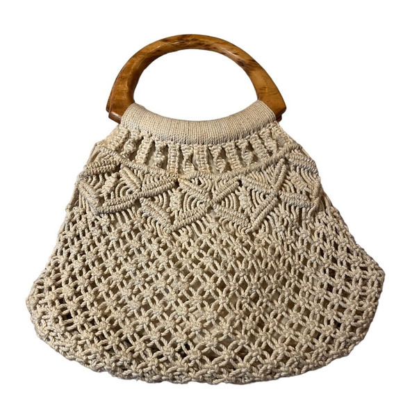 Vtg Mister Ernest Women's Cream White Boho Crochet Wood Purse Philippines - Picture 3 of 6